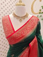 Semi Tussar Banarasi with flower buttas on the body and contrast intertwined floral border - Image 14