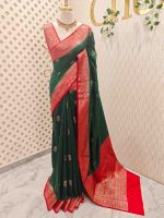 Semi Tussar Banarasi with flower buttas on the body and contrast intertwined floral border - Image 15