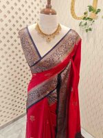 Semi Tussar Banarasi with flower buttas on the body and contrast intertwined floral border - Image 16