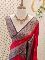 Semi Tussar Banarasi with flower buttas on the body and contrast intertwined floral border - Image 17