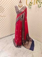 Semi Tussar Banarasi with flower buttas on the body and contrast intertwined floral border - Image 18
