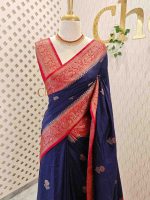 Semi Tussar Banarasi with flower buttas on the body and contrast intertwined floral border - Image 19