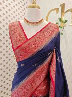 Semi Tussar Banarasi with flower buttas on the body and contrast intertwined floral border - Image 20