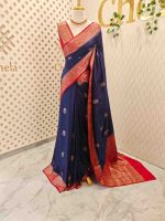Semi Tussar Banarasi with flower buttas on the body and contrast intertwined floral border - Image 21