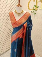 Semi Tussar Banarasi with flower buttas on the body and contrast intertwined floral border - Image 22