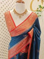 Semi Tussar Banarasi with flower buttas on the body and contrast intertwined floral border - Image 23