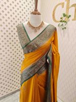 Semi Tussar Banarasi with flower buttas on the body and contrast intertwined floral border - Image 25