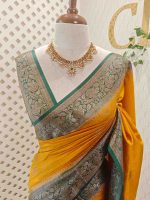 Semi Tussar Banarasi with flower buttas on the body and contrast intertwined floral border - Image 26