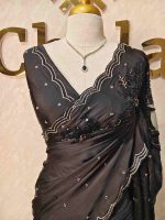 Crepe silk with double colour beads flower pattern and scallop border design - Image 2