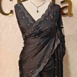 Crepe silk with double colour beads flower pattern and scallop border design