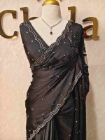 Crepe silk with double colour beads flower pattern and scallop border design
