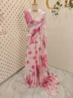 Georgette with large floral motifs on the pallu and body with beads and sequins - Image 10