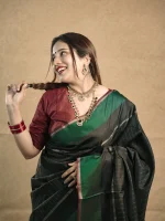 Kanjeevaram with small dotted lines one the body and with large contrast multiple boarder - Image 2