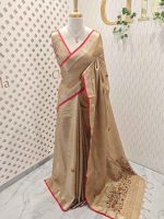 Linen saree with intricate floral motifs in shades of red, yellow, and beige, accompanied by green leaves and decorative horizontal running stitches - Image 8