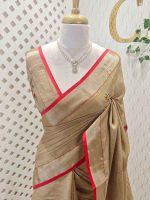 Linen saree with intricate floral motifs in shades of red, yellow, and beige, accompanied by green leaves and decorative horizontal running stitches - Image 10