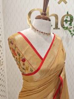 Linen saree with the features intricate, colorful floral embroidery work along the  pallu - Image 4
