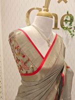 Linen saree with the features intricate, colorful floral embroidery work along the  pallu - Image 7