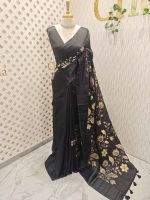 Linen saree with plant like applique work design and wide plain border - Image 5