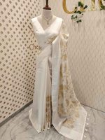 Linen saree with plant like applique work design and wide plain border - Image 2