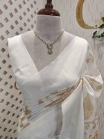 Linen saree with plant like applique work design and wide plain border - Image 3