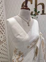 Linen saree with plant like applique work design and wide plain border - Image 4