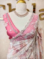 Organza with turkish floral work all over the body with wide embroidered net border - Image 8