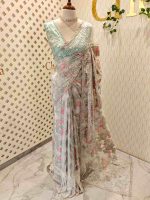 Organza with turkish floral work all over the body with wide embroidered net border - Image 3
