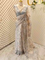 Organza with turkish floral work all over the body with wide embroidered net border - Image 6