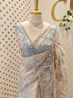 Organza with turkish floral work all over the body with wide embroidered net border - Image 4