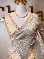 Organza with turkish metallic  streak on the body and zig zag beads scallop border - Image 2