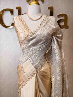 Organza with turkish metallic  streak on the body and zig zag beads scallop border