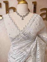 Organza with turkish metallic  streak on the body and zig zag beads scallop border - Image 5