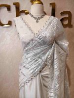 Organza with turkish metallic  streak on the body and zig zag beads scallop border - Image 4
