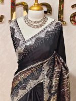 Organza with turkish like thick strips body and sequins and beads border pattern - Image 4
