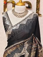 Organza with turkish like thick strips body and sequins and beads border pattern - Image 5