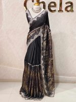 Organza with turkish like thick strips body and sequins and beads border pattern - Image 6