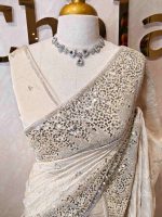Organza with turkish floral work and sequins spreading on the body and heavy embroidered border - Image 2