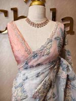 Organza with turkish large flower design with sequins highlighting work - Image 8