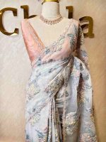 Organza with turkish large flower design with sequins highlighting work - Image 7