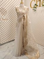 Organza with abstract thread embroidery pattern with floral buttas - Image 3