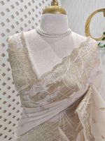 Organza with abstract thread embroidery pattern with floral buttas - Image 2