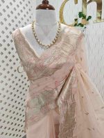 Organza with abstract thread embroidery pattern with floral buttas - Image 4