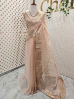 Organza with abstract thread embroidery pattern with floral buttas - Image 6