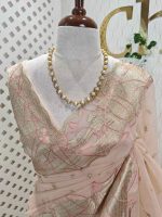 Organza with abstract thread embroidery pattern with floral buttas - Image 5
