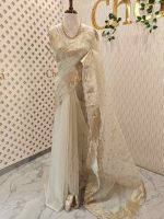 Organza with abstract thread embroidery pattern with floral buttas - Image 9