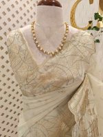 Organza with abstract thread embroidery pattern with floral buttas - Image 8