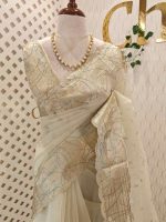 Organza with abstract thread embroidery pattern with floral buttas - Image 7