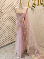 Organza with abstract thread embroidery pattern with floral buttas - Image 12