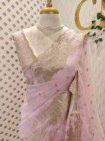 Organza with abstract thread embroidery pattern with floral buttas - Image 10