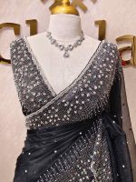 Organza with cut beads line design border with small flower buttas - Image 5